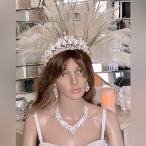 NEW Set 3 Pcs. Faux Pearl & Rhinestone Crown Earrings Necklace Bridal Wedding
